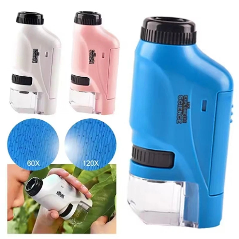 Handheld Pocket Microscope with Phone Holder 60X-120X Magnification Kids Science Microscop LED Lights Educational Equipment Toy