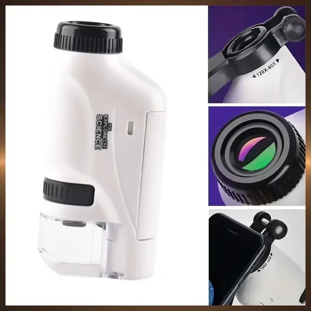 Handheld Pocket Microscope with Phone Holder 60X-120X Magnification Kids Science Microscop LED Lights Educational Equipment Toy