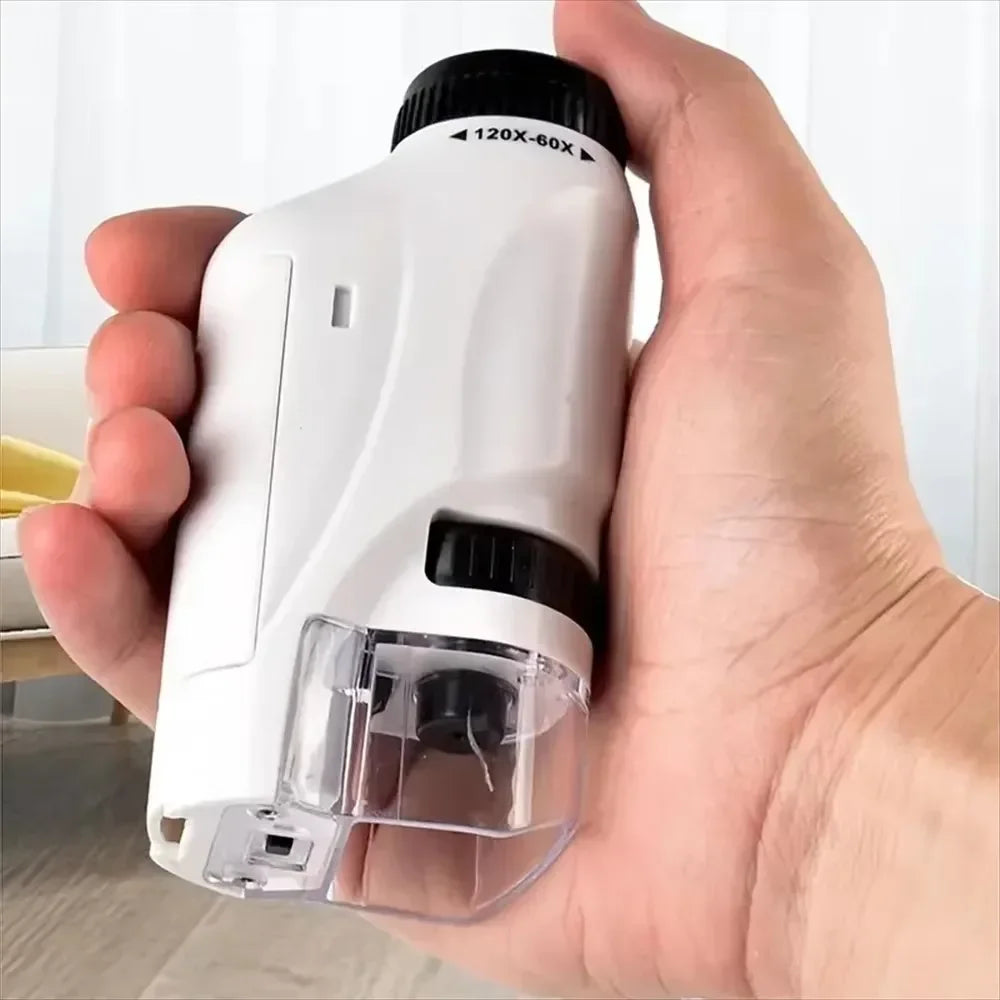 Handheld Pocket Microscope with Phone Holder 60X-120X Magnification Kids Science Microscop LED Lights Educational Equipment Toy